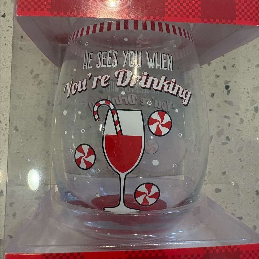 Raise the Bar Holiday Wine Glass -‎ 'He Sees You When You're Drinking' New